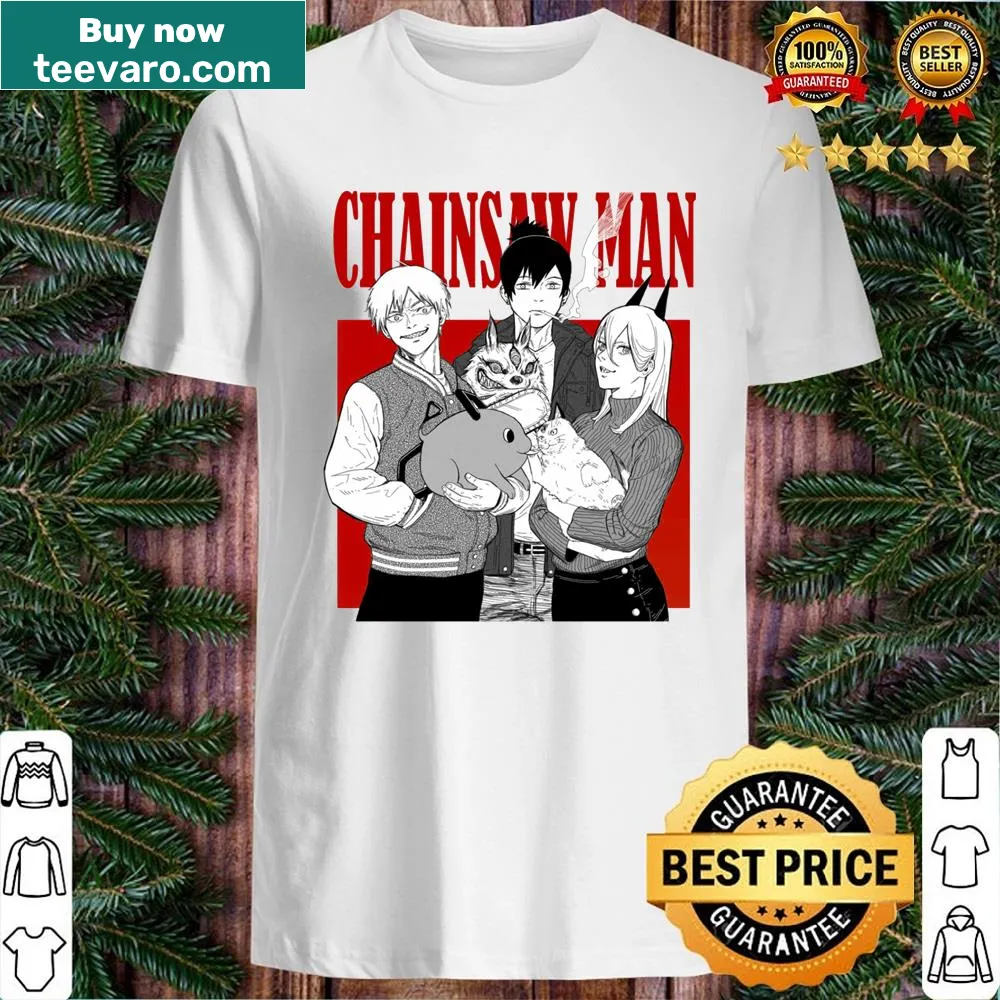 Illustration of Chainsaw Man characters on a graphic t-shirt