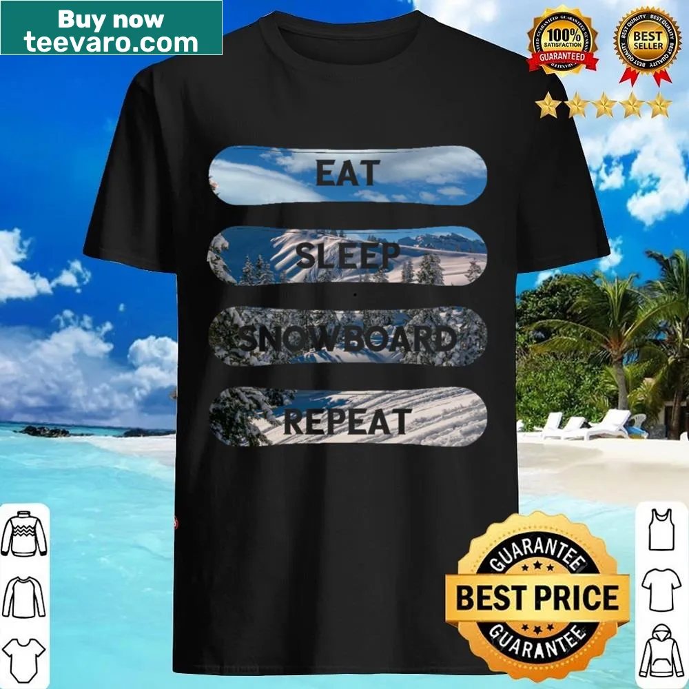 Christmas-themed Eat Sleep Snowboard Repeat shirt with playful typography