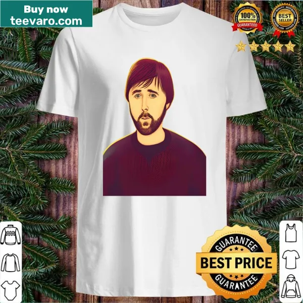 Cartoon illustration of James Buckley on a playful shirt