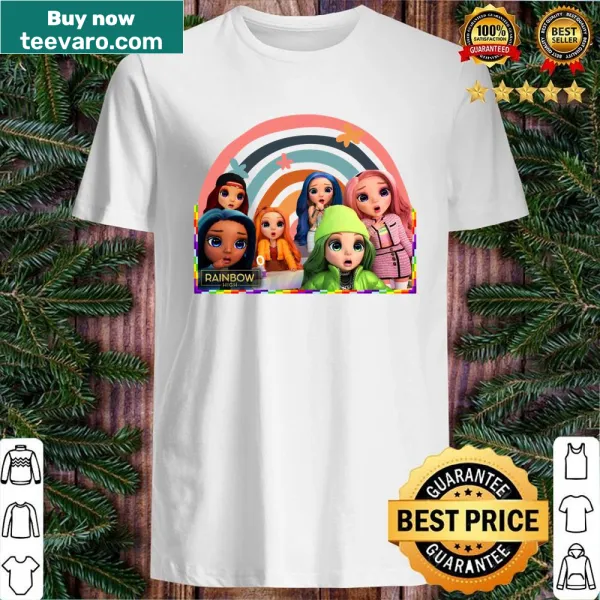 Playful typography shirt featuring the phrase 'Rainbow High'