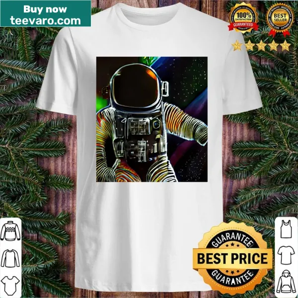 Cartoon astronaut floating in space graphic on a t-shirt