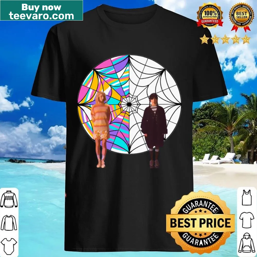 T-shirt featuring Wednesday and Enid in a whimsical illustration