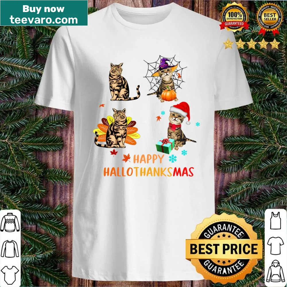 Funny graphic combining Halloween, Thanksgiving, and Christmas themes with a cat