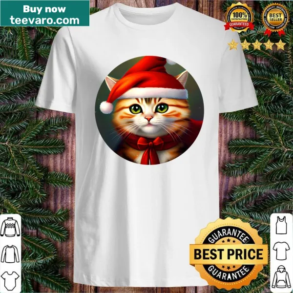 Shirt featuring a closeup of a cat in Christmas theme