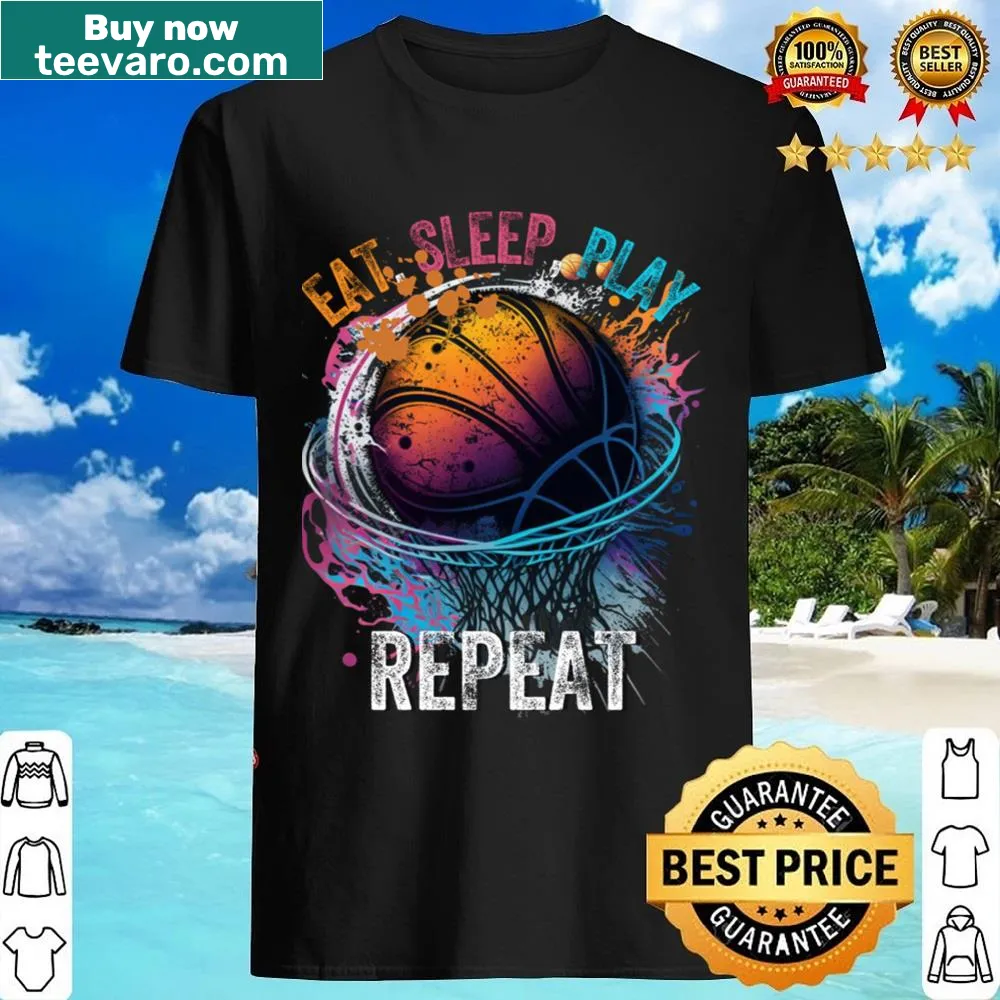 Vintage graffiti basketball shirt with 'Eat Sleep Basketball Repeat' text