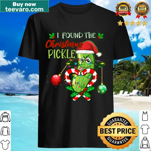 Funny Christmas T-shirt featuring a Santa hat pickle with lights