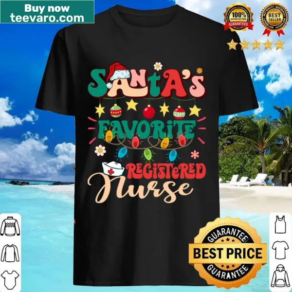 Retro cartoon Santa's favorite nurse t-shirt with festive elements