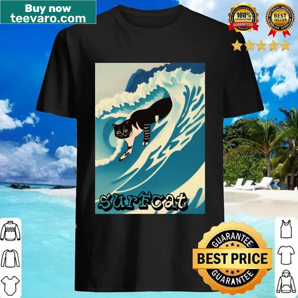 Cartoon Surfcat graphic t-shirt ready to ride the waves