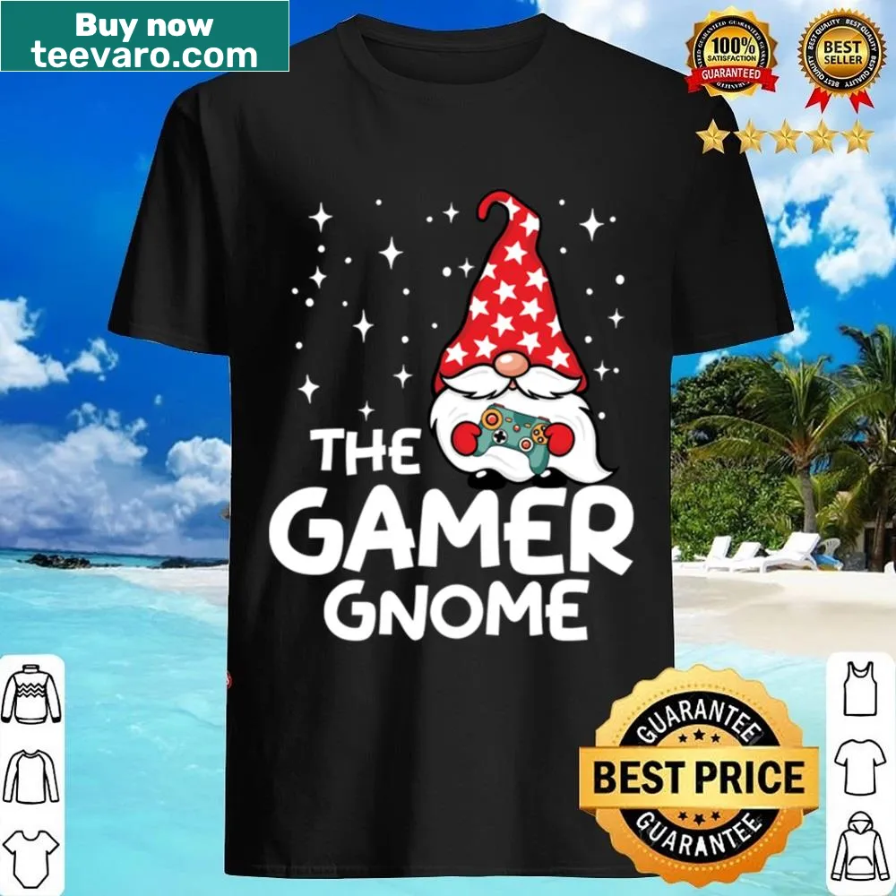 Funny Christmas t-shirt with a gnome in gaming gear