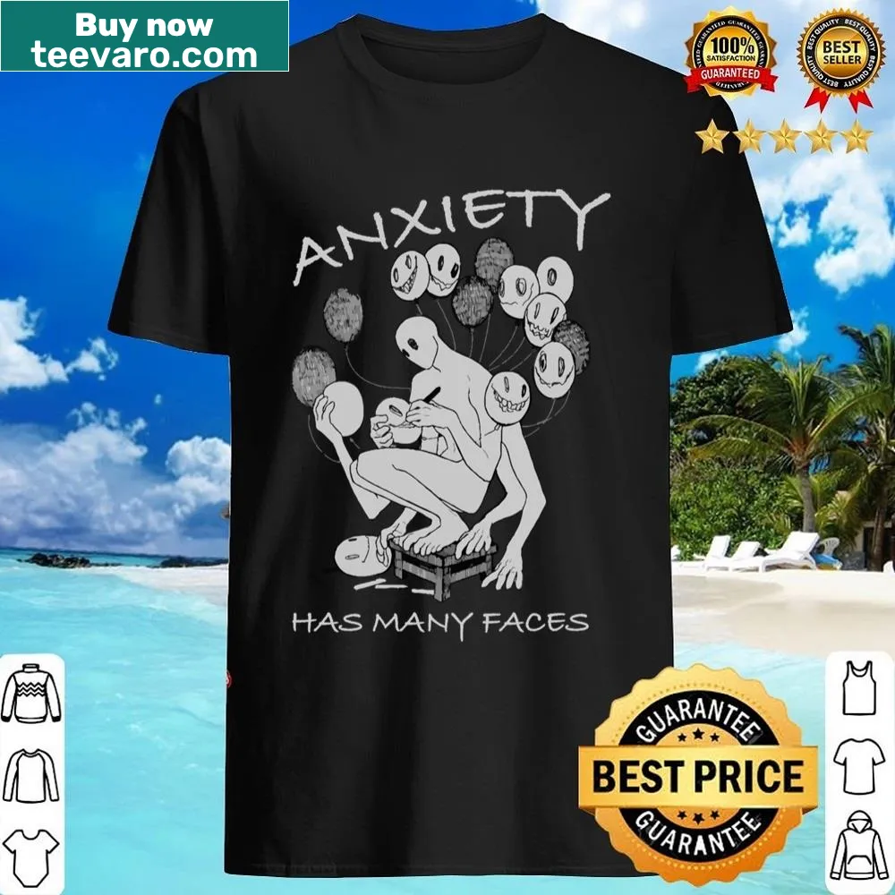 Illustration showcasing the many faces of anxiety on a t-shirt