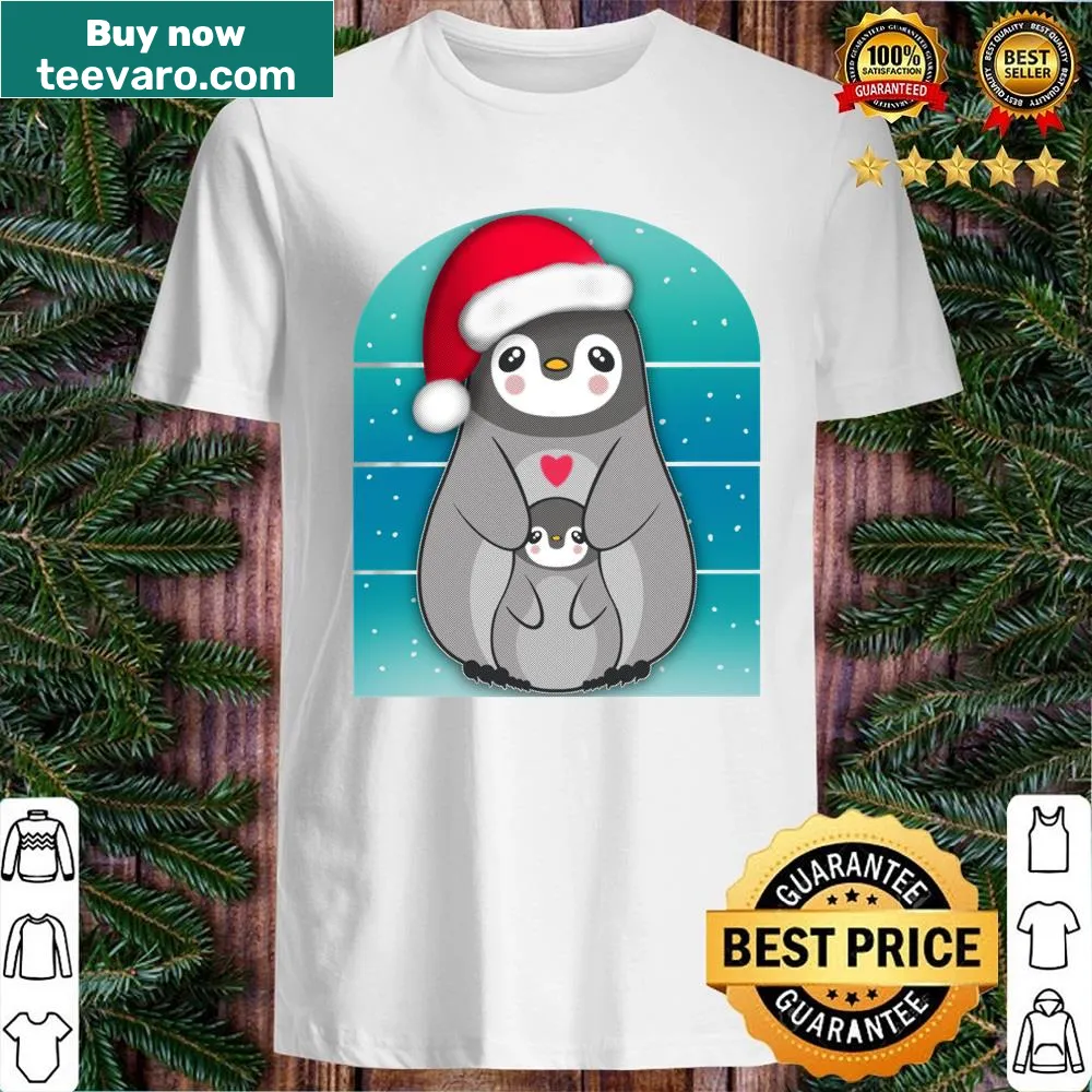 Cute Christmas shirt featuring a mother penguin and baby illustration