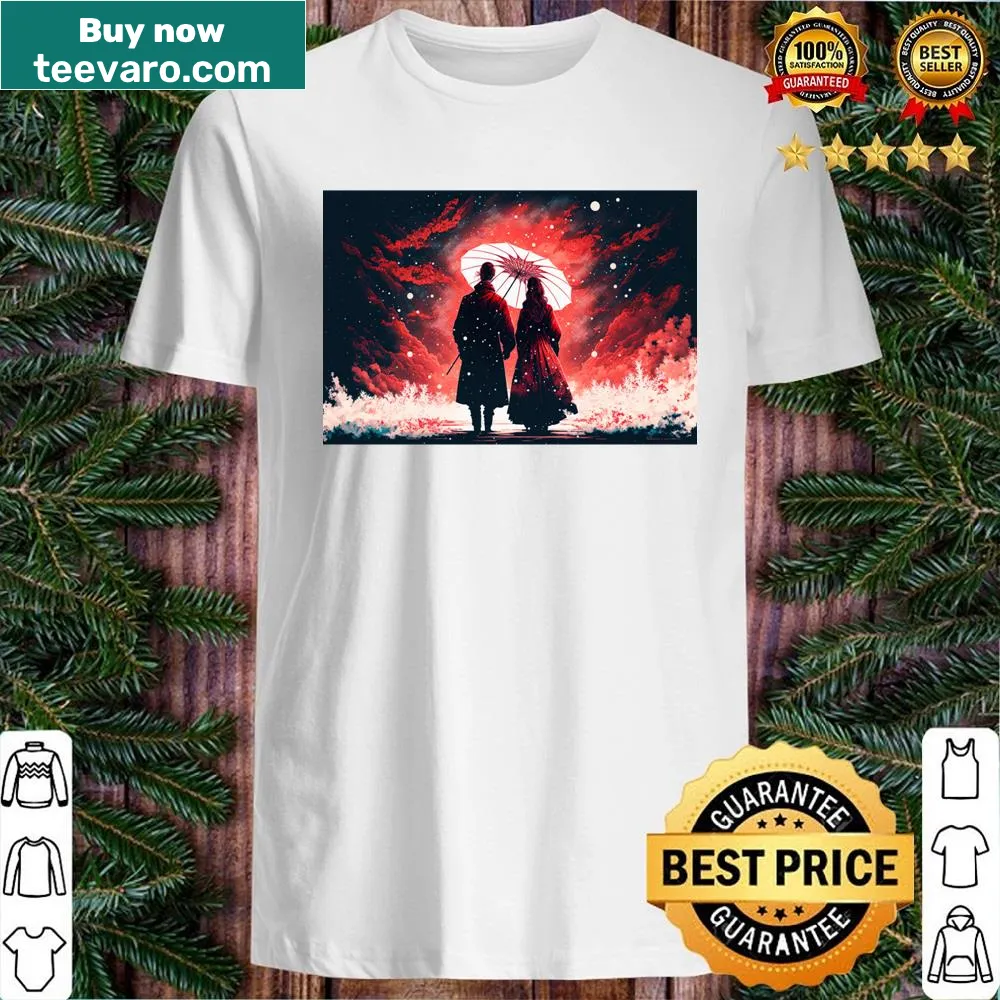 Illustration of a couple in red under an umbrella on a shirt