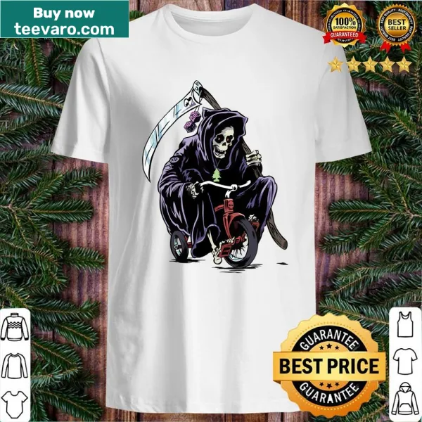 Shirt featuring a humorous illustration of a crazy reaper.