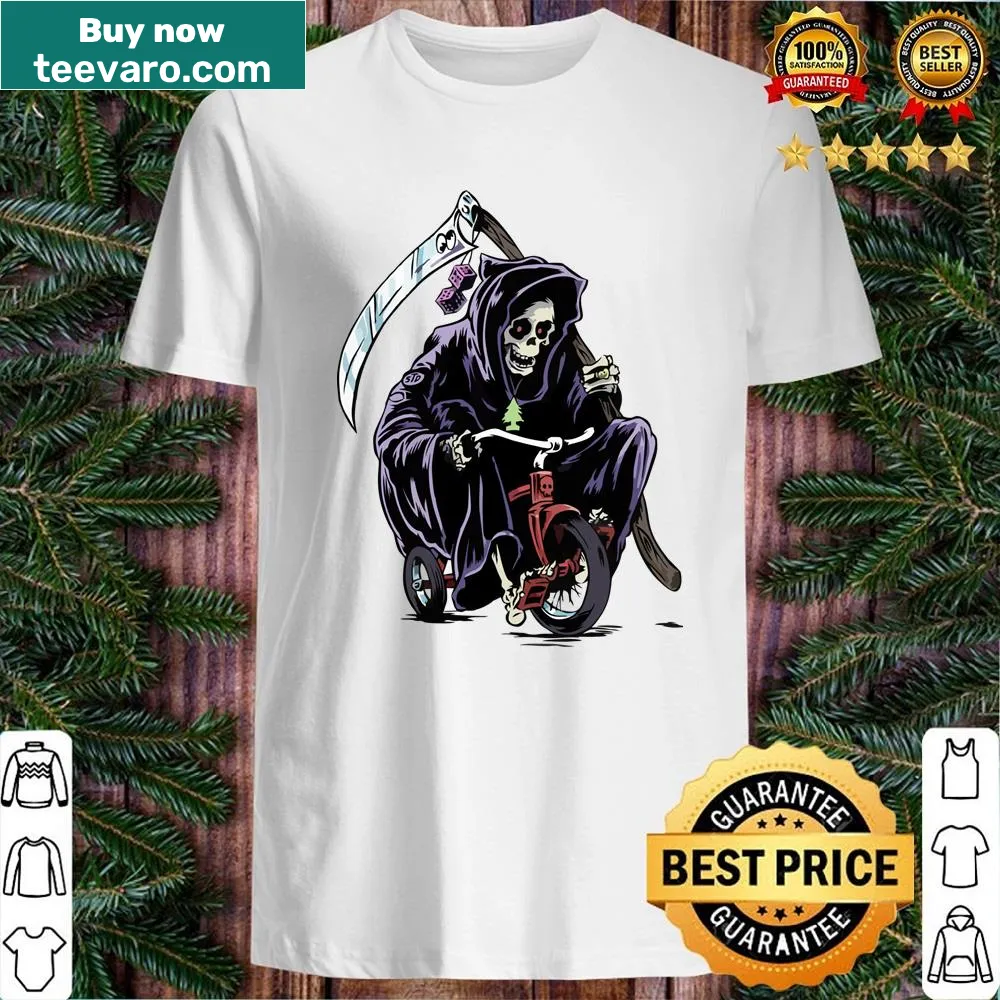 Shirt featuring a humorous illustration of a crazy reaper.