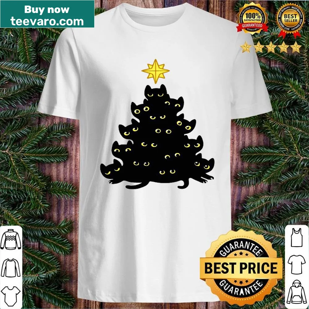 Funny black cat pushing a Christmas tree illustrated shirt