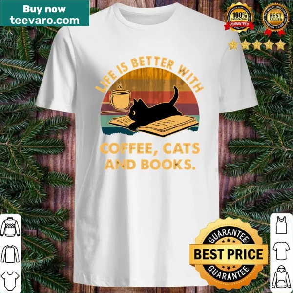 Shirt celebrating coffee, cats, and books with charming typography