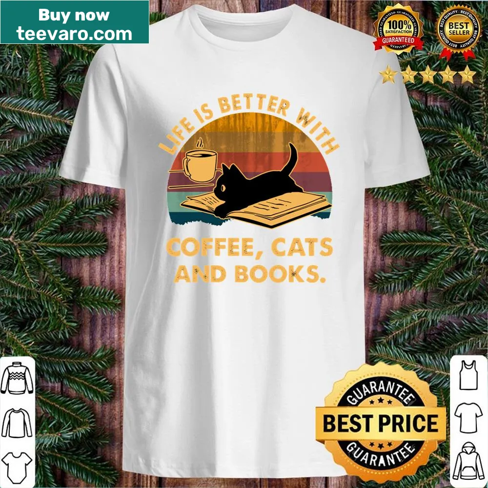 Shirt celebrating coffee, cats, and books with charming typography