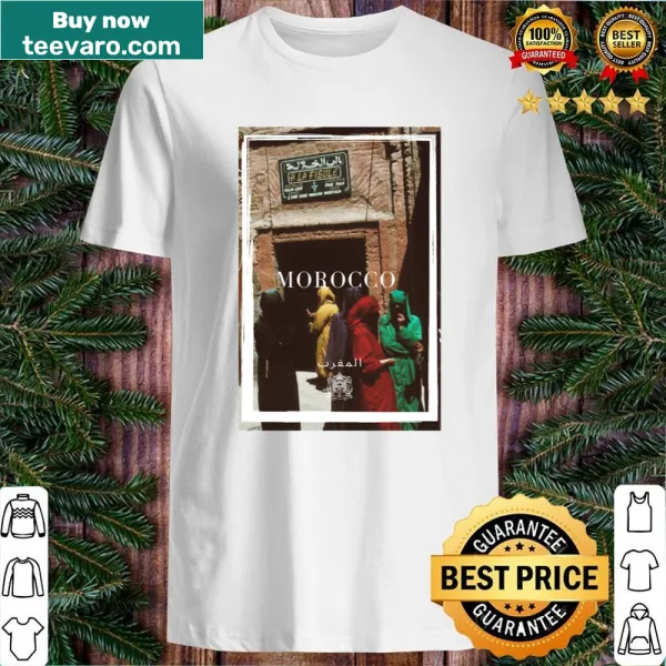 Vintage lion graphic with postmarks on a Moroccan-themed t-shirt