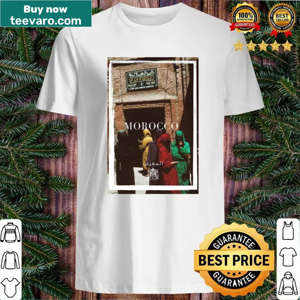 Vintage lion graphic with postmarks on a Moroccan-themed t-shirt