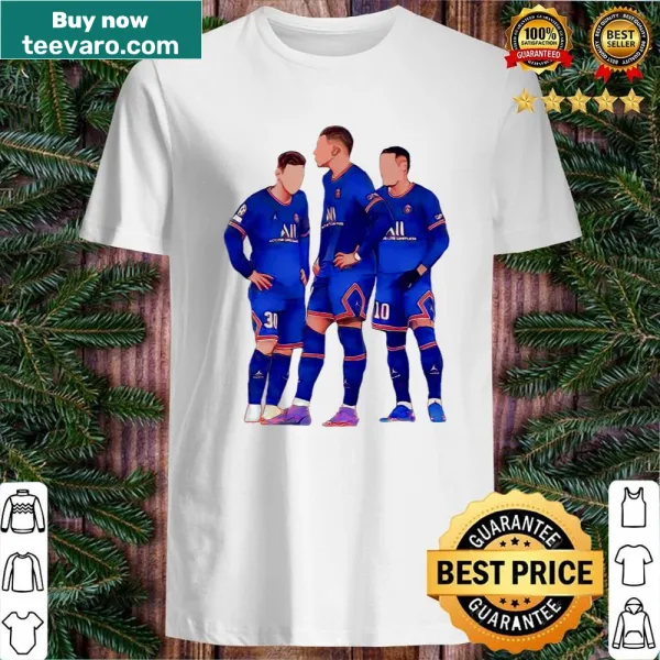 Minimalist shirt featuring portraits of Messi, Mbappe, and Neymar