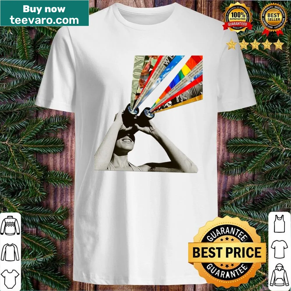Retro collage style shirt featuring vintage design elements.