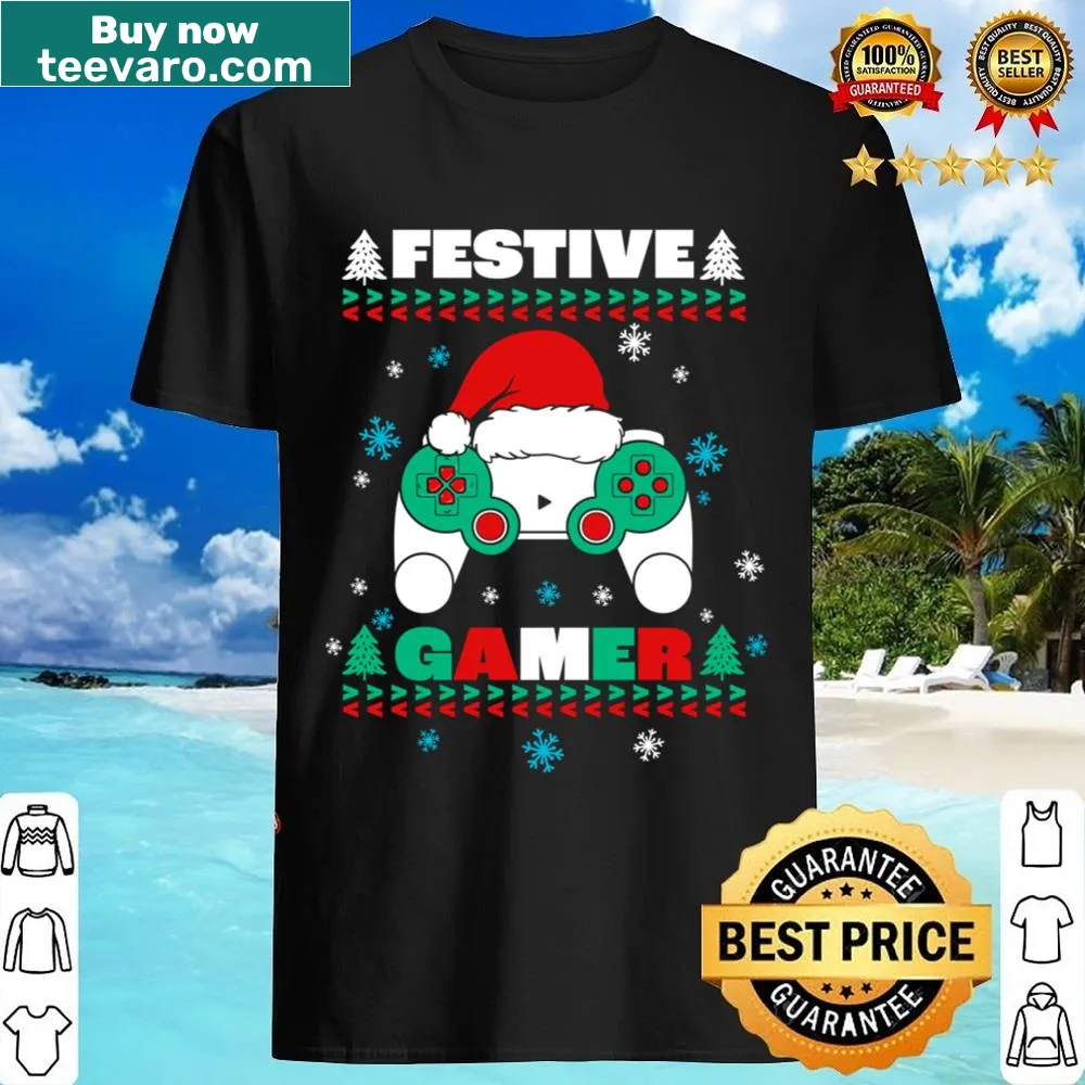 Festive gamer shirt with holiday-themed gaming graphics