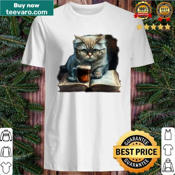 Adorable cat shirt with a graphic of a cat drinking coffee and reading