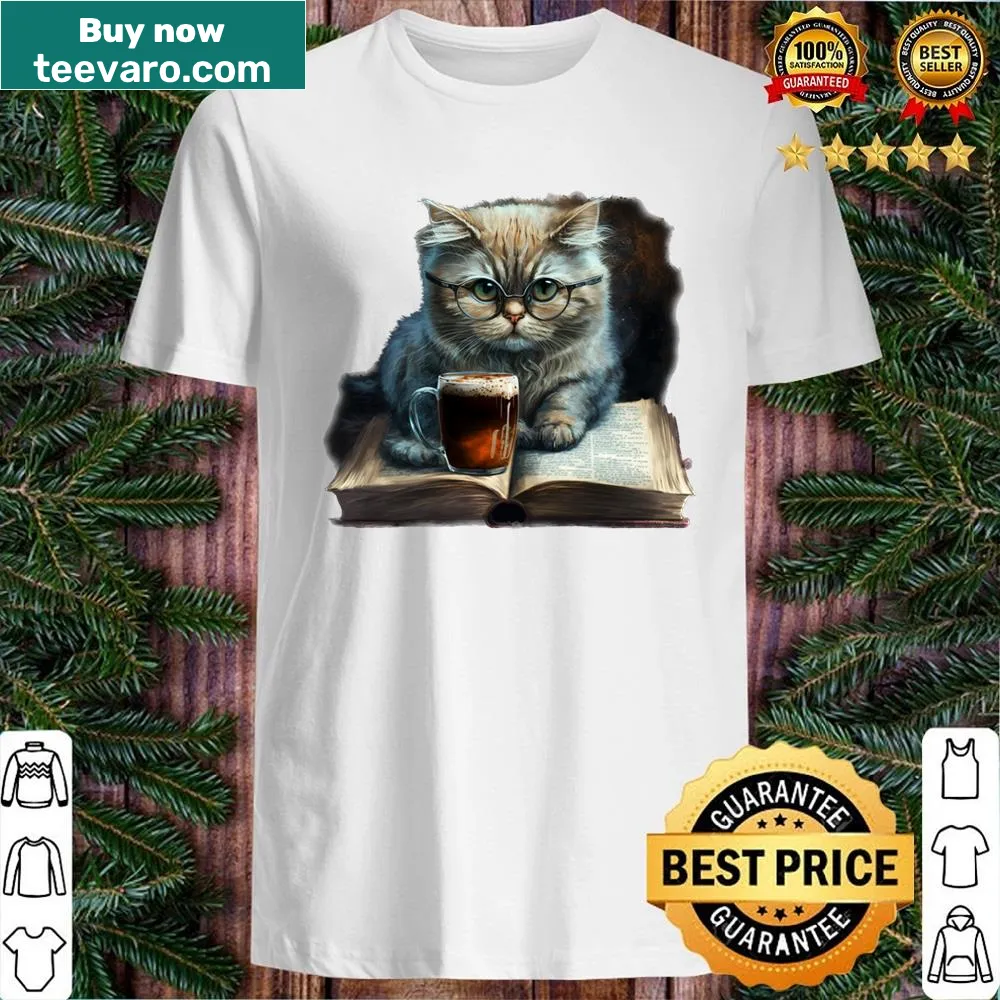 Adorable cat shirt with a graphic of a cat drinking coffee and reading