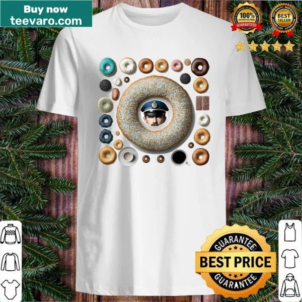 Cute donut-themed shirt with a variety of illustrated donuts