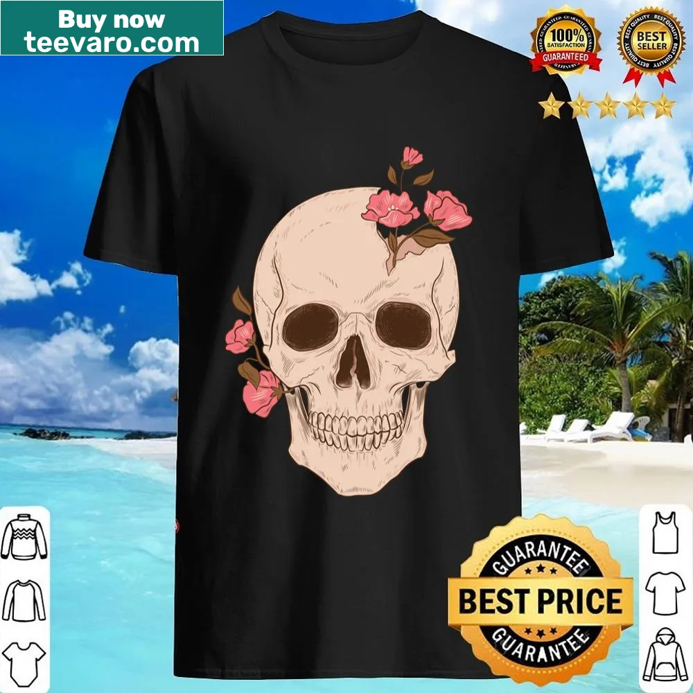 Hand-drawn skull graphic with flowers on a shirt