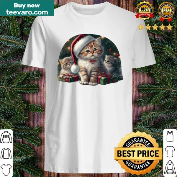 Christmas shirt with three cats and a Santa kitten in a snowy scene