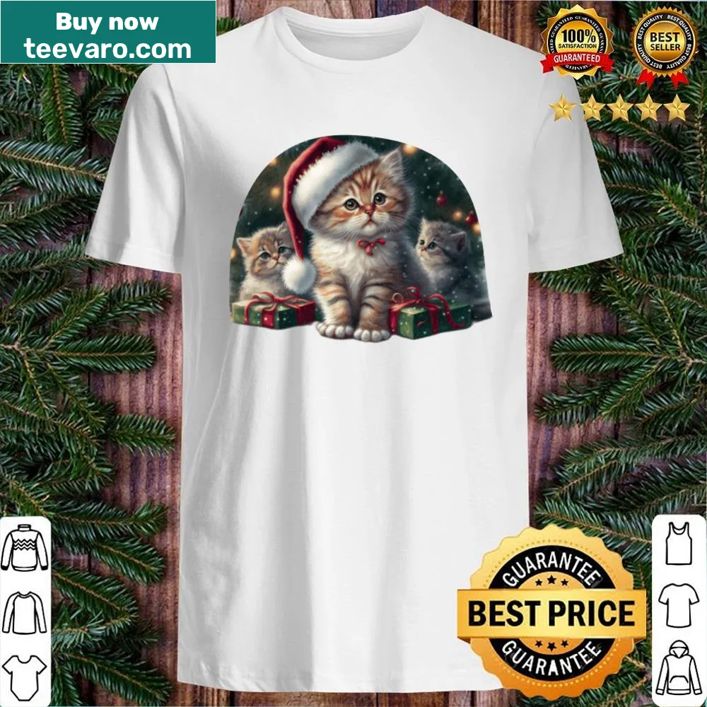 Christmas shirt with three cats and a Santa kitten in a snowy scene