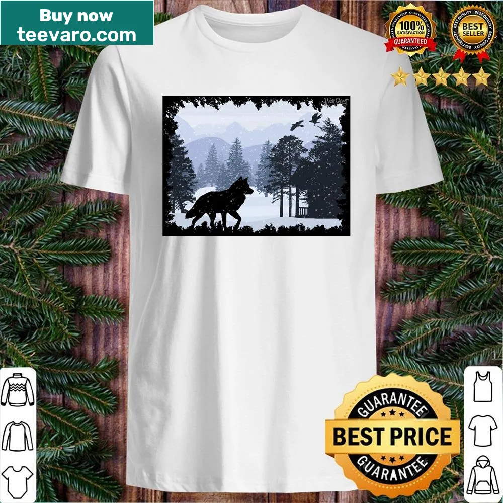 Shirt depicting a snowy cabin scene, evoking winter adventure