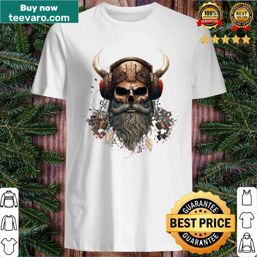 Vintage Viking skull with beard and headphones graphic t-shirt