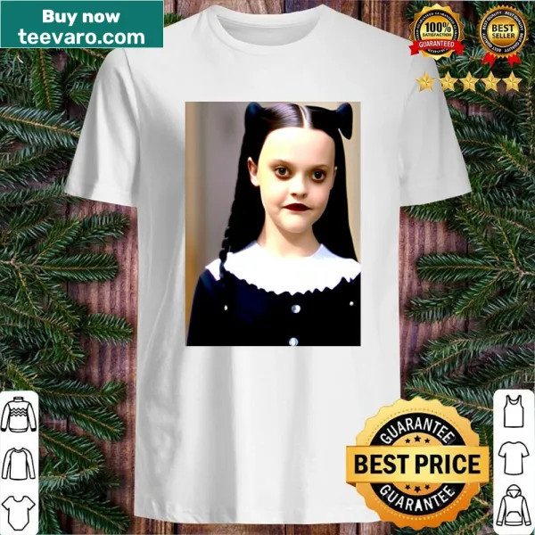 Wednesday Addams portrait shirt featuring her iconic black and white dress.