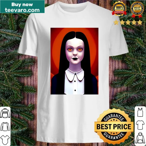 Wednesday Addams portrait shirt with a striking red background.