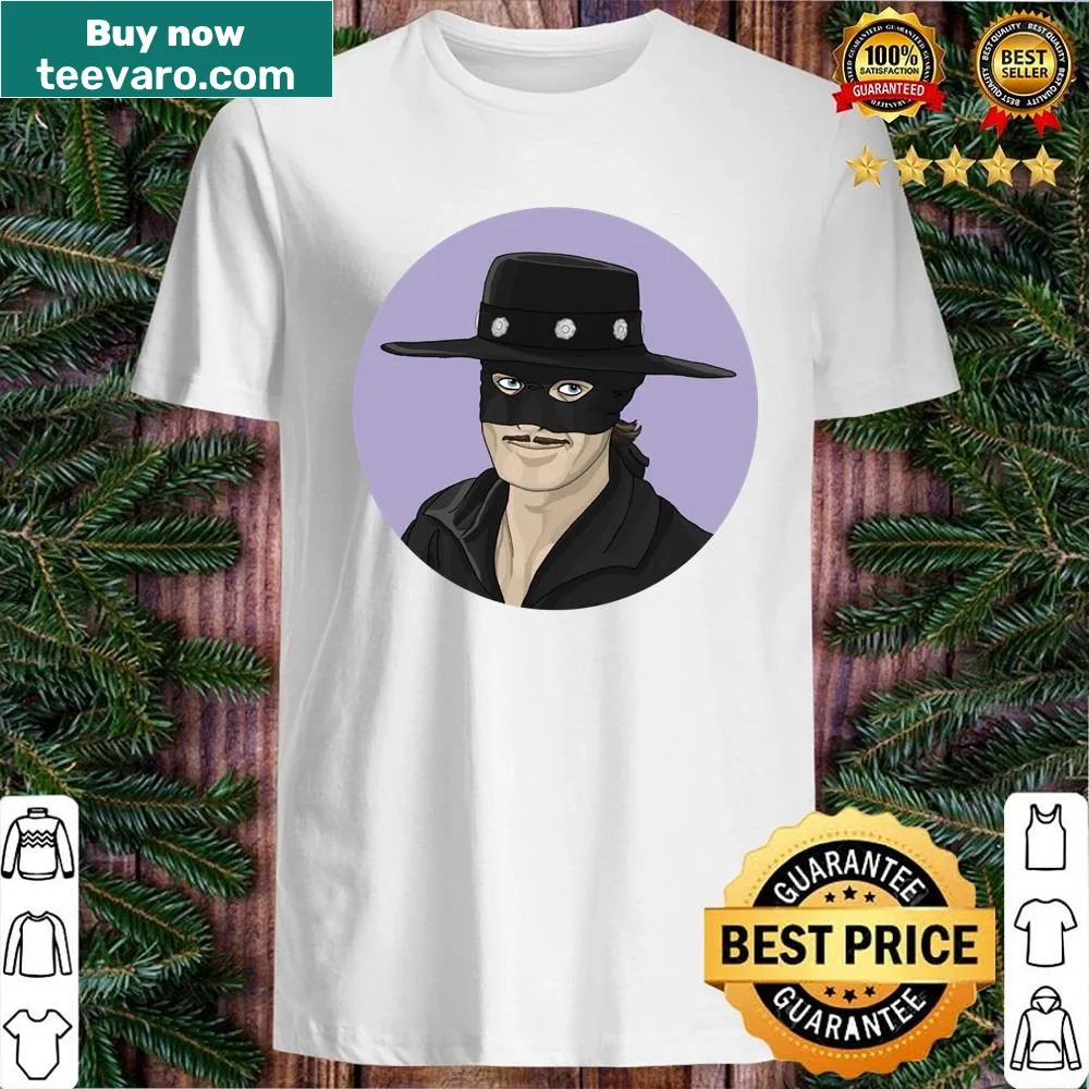 Illustration of Zorro wearing a mask and cape on a t-shirt