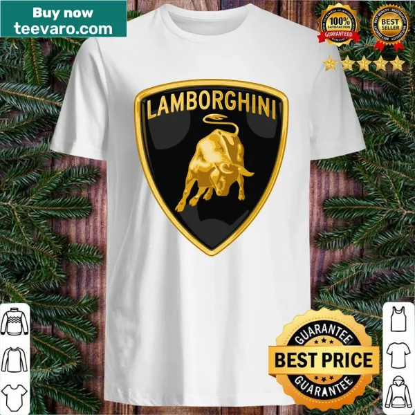 Gold shield graphic on L-a-m-b-o-r-g-h-i-n-i shirt
