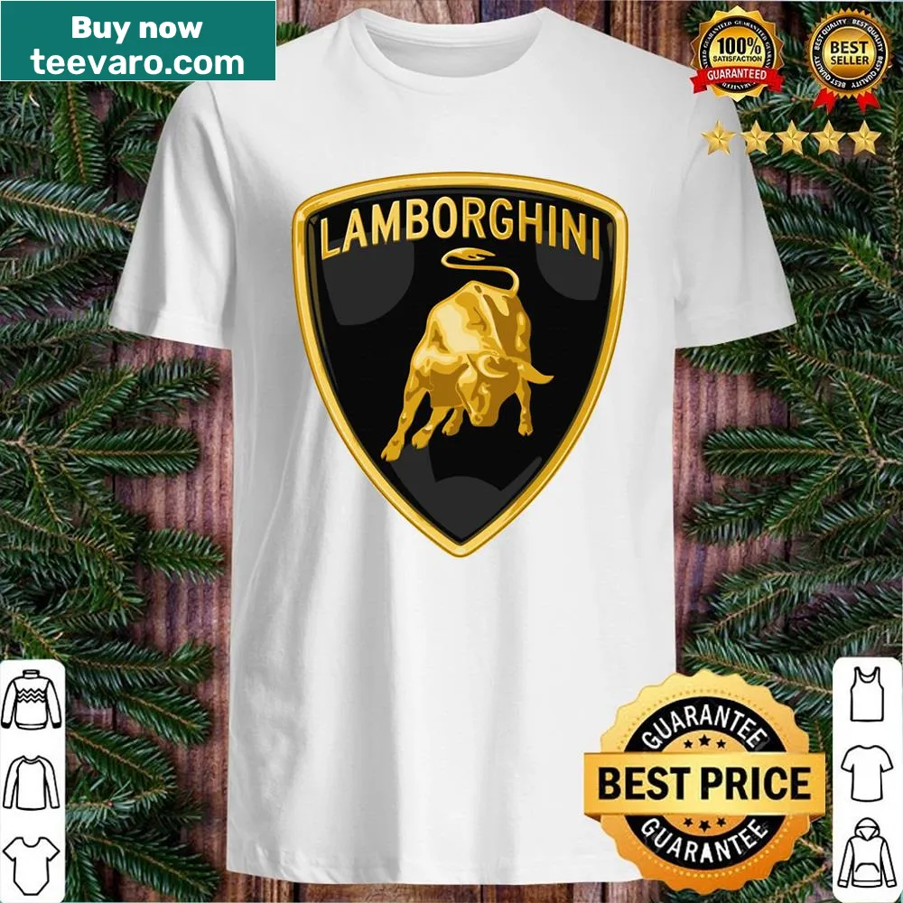 Gold shield graphic on L-a-m-b-o-r-g-h-i-n-i shirt