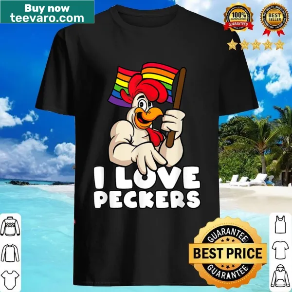 Colorful rooster graphic with the pun 'I Love Peckers' on a pride shirt.