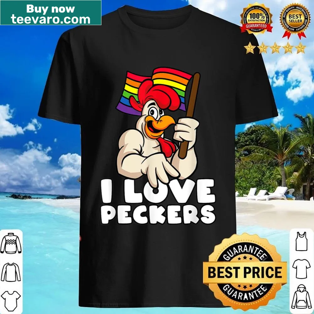 Colorful rooster graphic with the pun 'I Love Peckers' on a pride shirt.