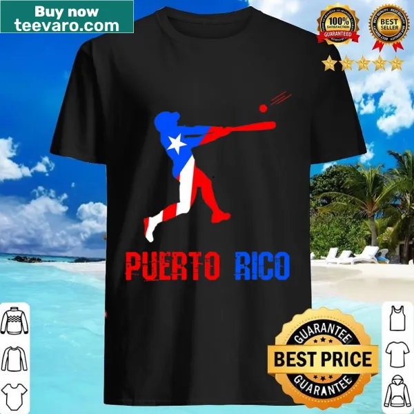 Baseball shirt featuring Puerto Rican flag and player illustration