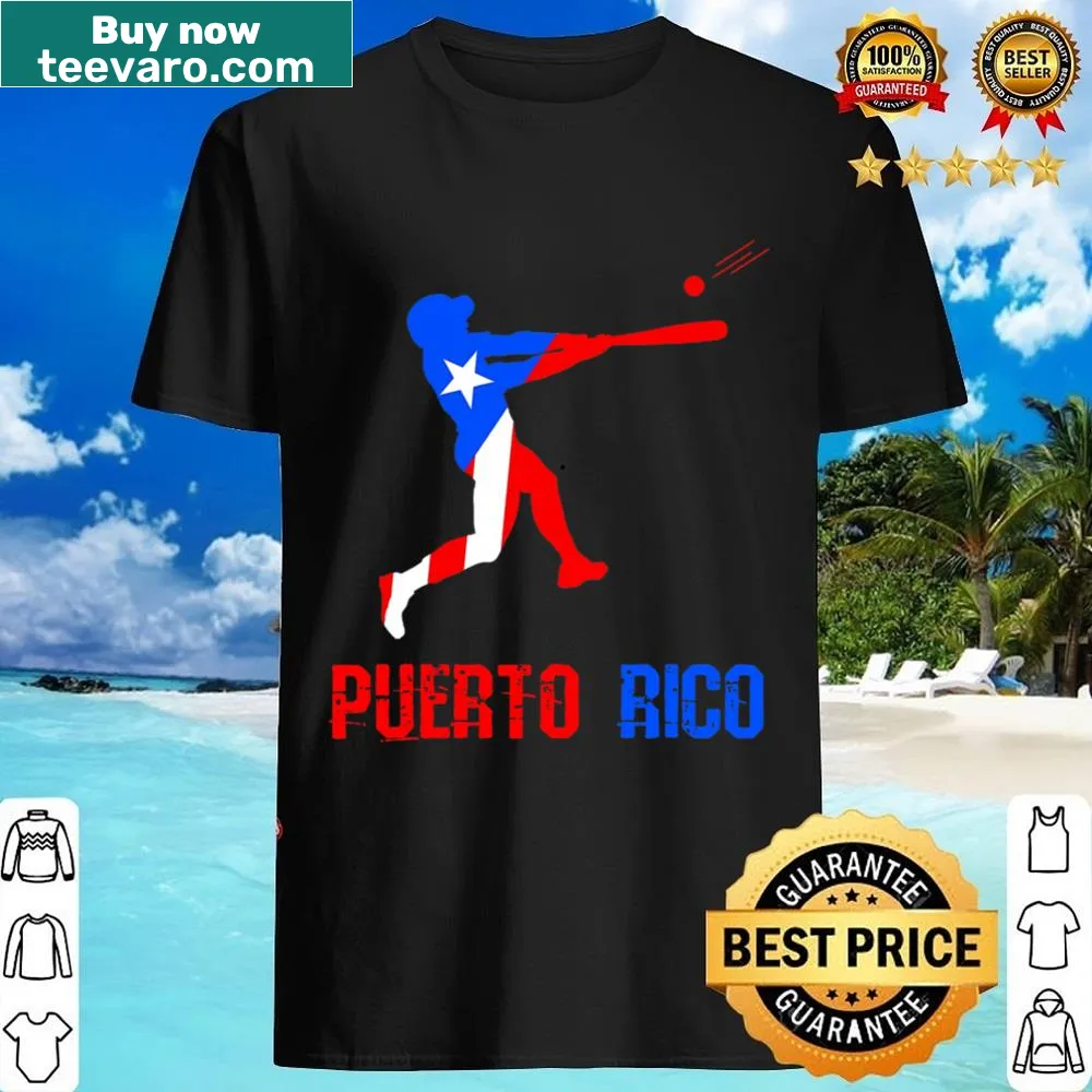 Baseball shirt featuring Puerto Rican flag and player illustration