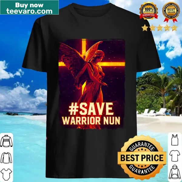Graphic T-shirt featuring a warrior nun and bold text design