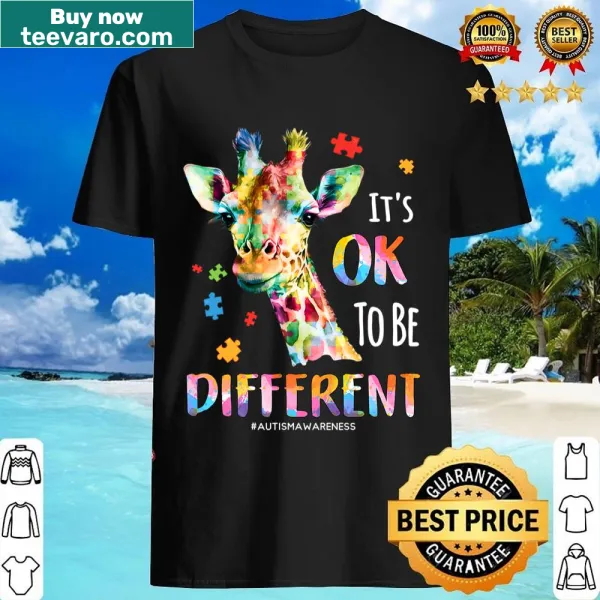 Giraffe illustration with the message 'It's Ok To Be Different' on a kid's shirt