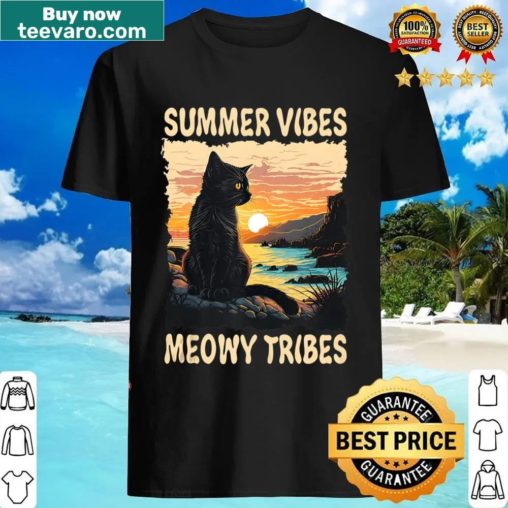 Summer shirt featuring a black cat and sunset with 'Meowy Tribes'