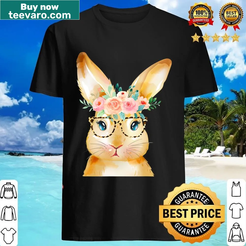 Bunny in leopard sunglasses surrounded by flowers for Easter