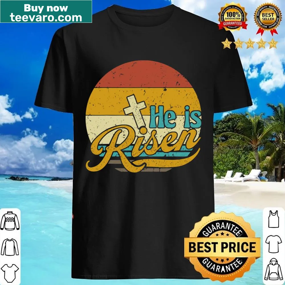 Easter shirt with 'He Is Risen' text and sun design