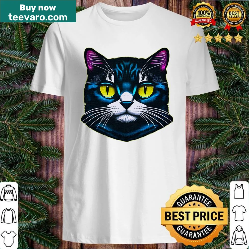 Illustration of a cat with bold yellow eyes on a shirt