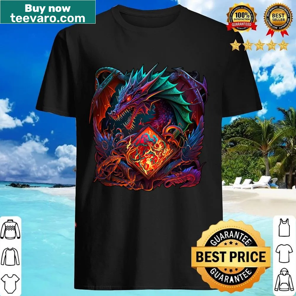 Colorful design of a green dragon with fire on a shirt